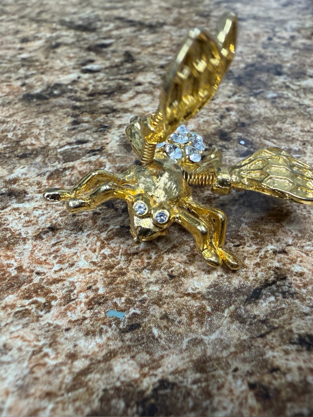 Vintage Trembler Bug Brooch Gold Tone Rhinestone Moving Wings Insect Pin